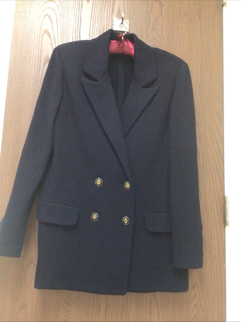 St. John Basics navy blazer double breasted Santana knit, gold buttons, sz 14